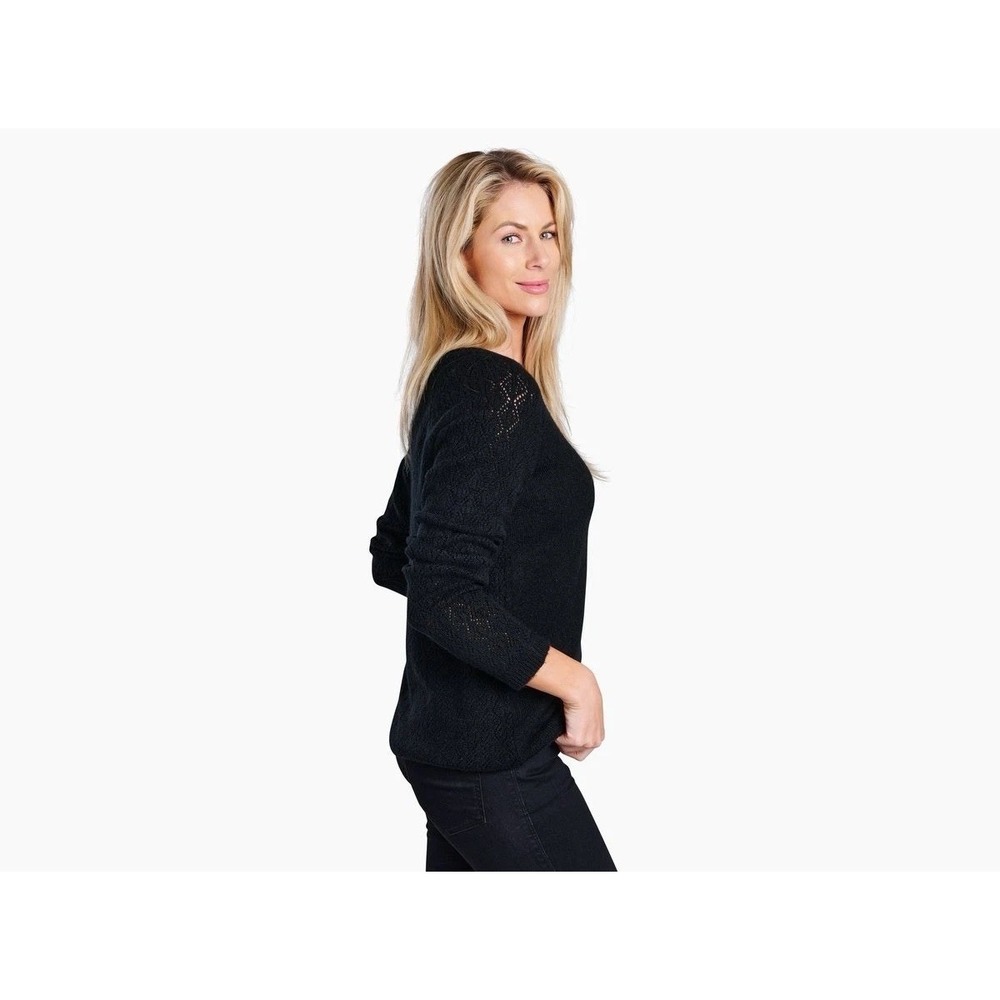 KÜHL‎ Women Sonata Pointelle Sweater Sz M Merino Wool Blend Black Pullover Soft